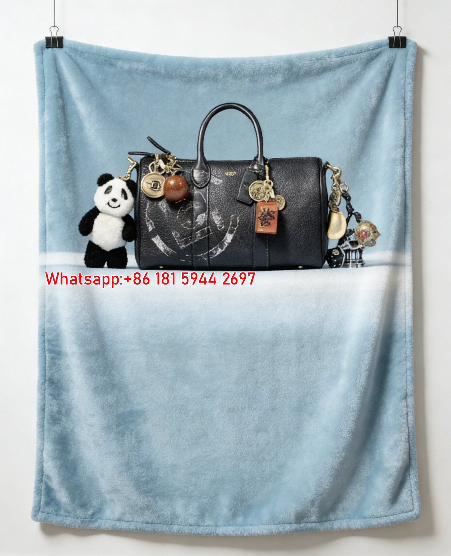 COACH Panda Charm Black Bag Print Flannel Throw Blanket for Couch C281